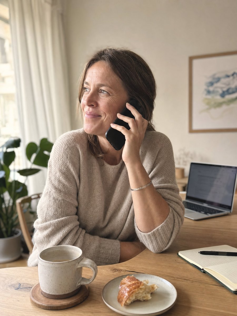 Tochter Anfang 40 hört am Smartphone aufmerksam dem Helfi-Testanruf zu, sitzt am hellen Esstisch mit Kaffee, Laptop und Notizbuch