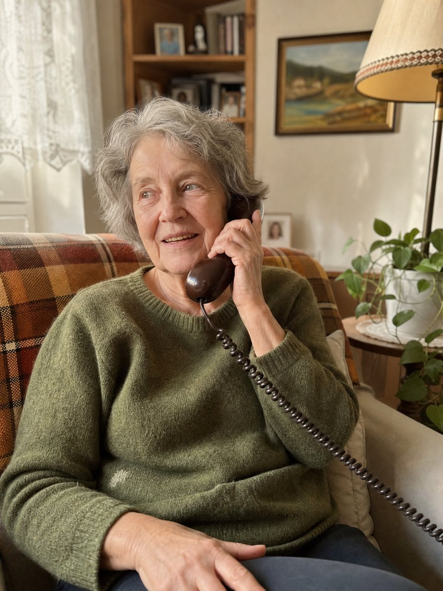 Seniorin in olivgrünem Strickpullover, sitzend auf einem Sofa mit Karo-Plaid, hält ein Festnetz-Telefon ans Ohr und lächelt mitten im Gespräch