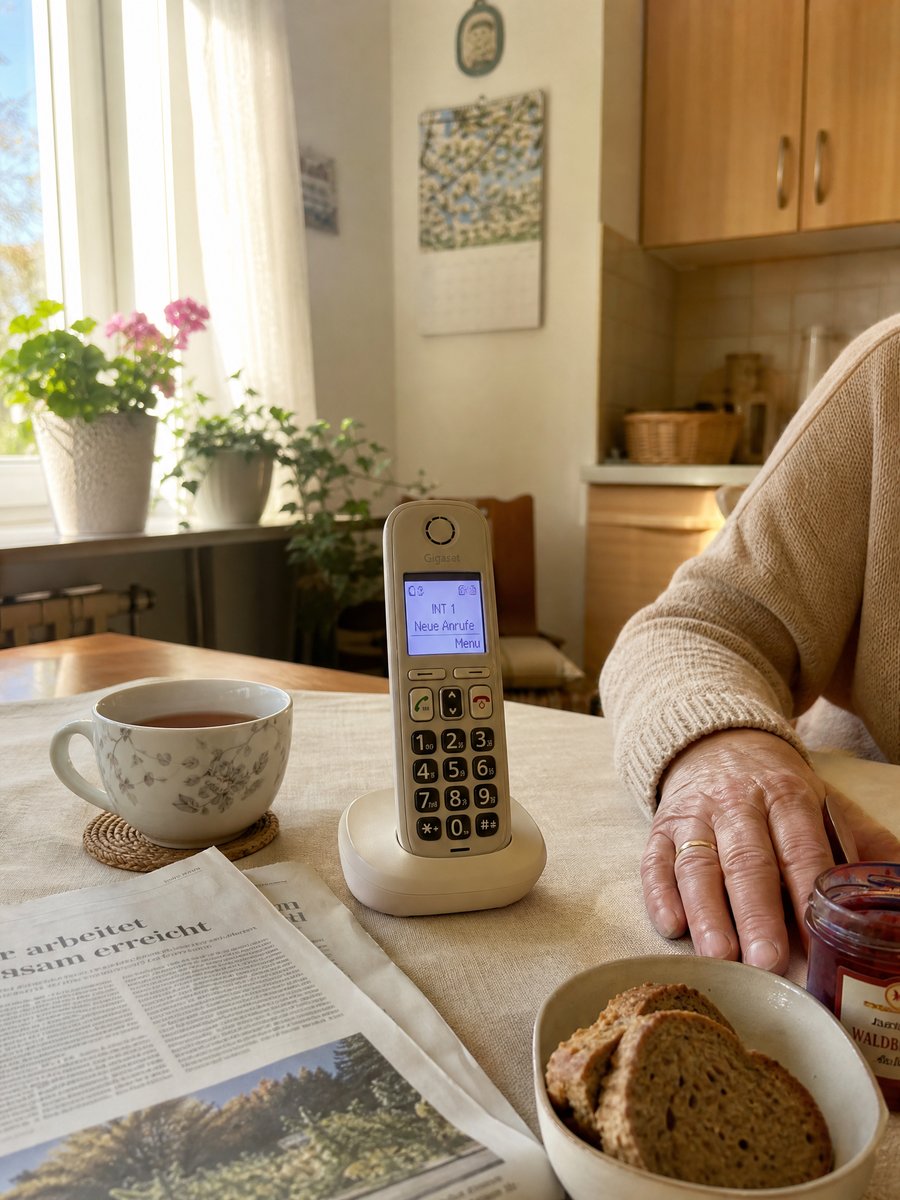 Frühstückstisch in einer warmen deutschen Wohnküche, das schnurlose Helfi-Festnetz liegt griffbereit neben Tasse Tee und Tageszeitung