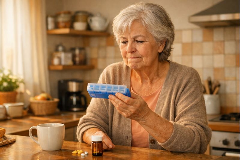Senior mit Medikamenten - Helfi Ruf erinnert an die Einnahme